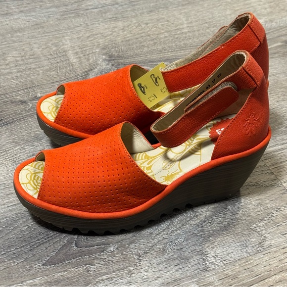 Fly London Poppy Orange Peep Toe wedge Sandals EU sz 37, US size 6.5 7 - Picture 3 of 7